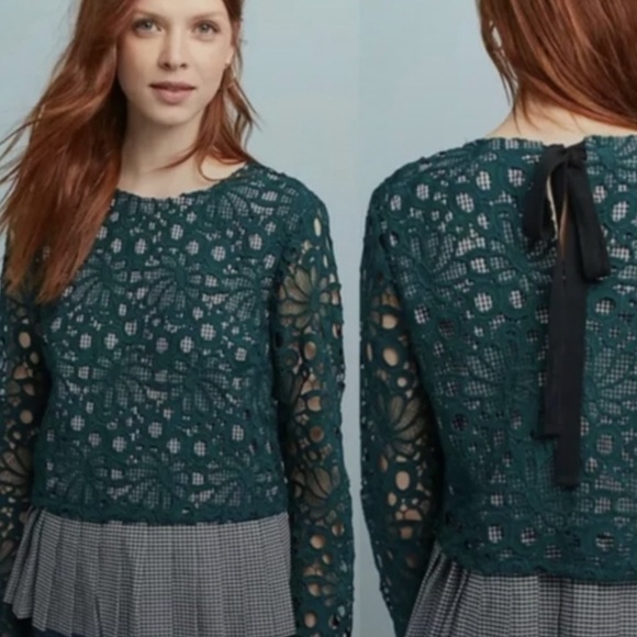Anthropologie Maeve Green Pleated Lace Top Gabriella Gingham (size small) - Picture 7 of 10